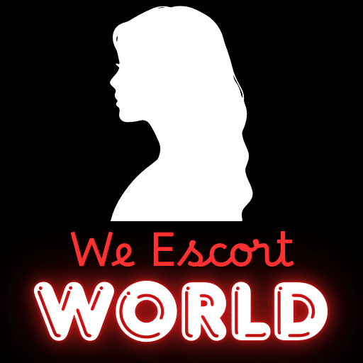 Silhouette of a woman with "We Escort World" in neon text below.