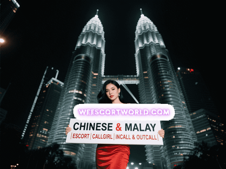 Woman in red dress holding sign: "Chinese & Malay | Escort | Callgirl | Incall & Outcall" in front of Petronas Towers.