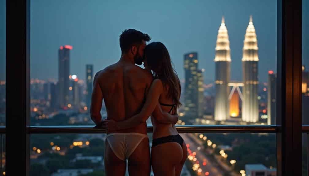 KL Escort Couple embracing on a balcony overlooking a city skyline at night. Malaysia Escort