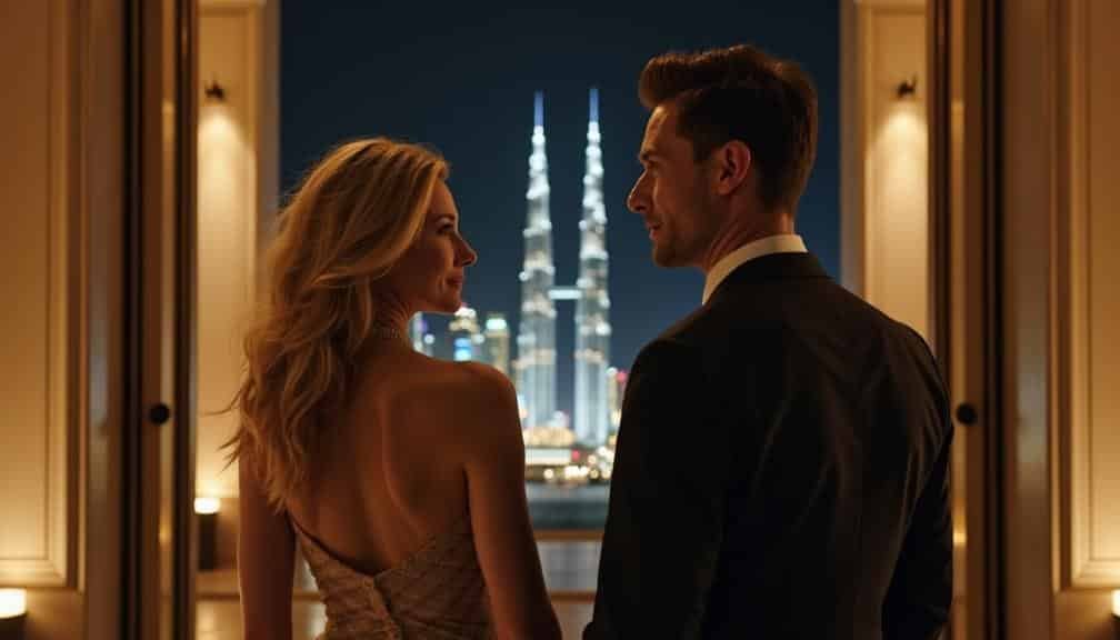 KL Escort Couple in formal wear looking at Dubai skyline from a balcony Malaysia Escort