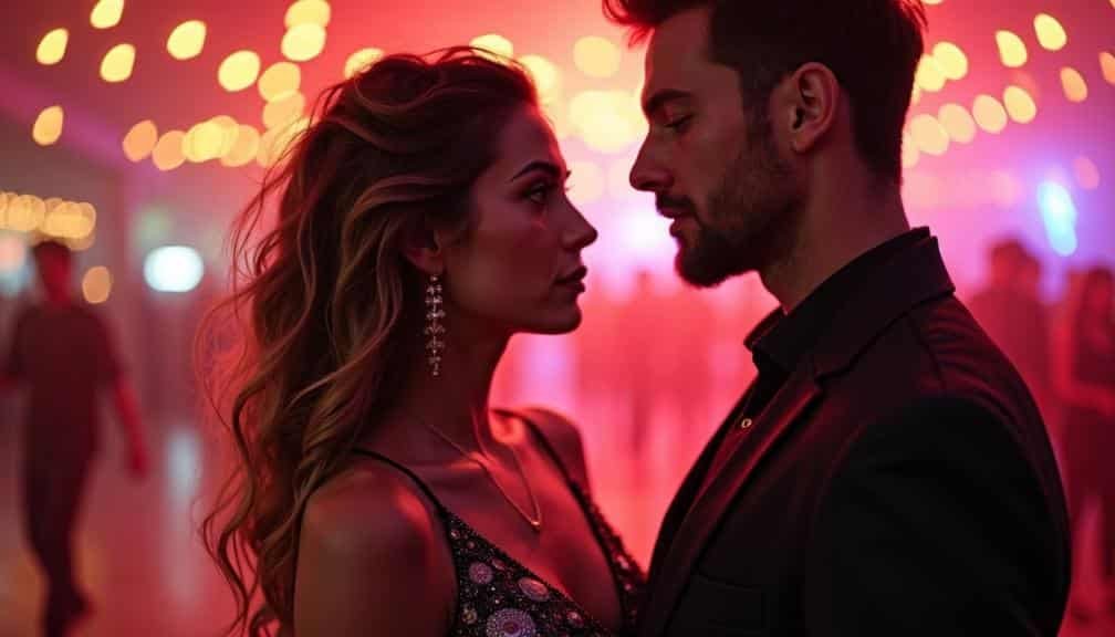 KL Escort Couple in elegant attire at a dimly lit event with red bokeh lights Malaysia Escort