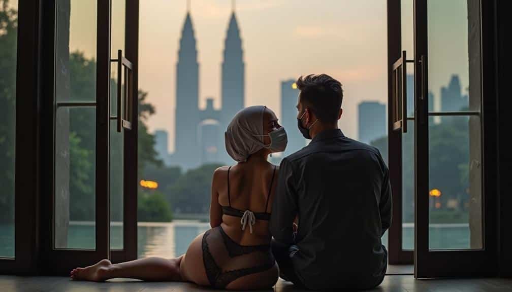 KL Escort Couple in masks overlooking city skyline at sunset Malaysia Escort