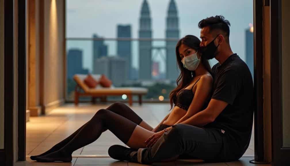 KL Escort Couple in masks and lingerie on hotel balcony with city view Malaysia Escort