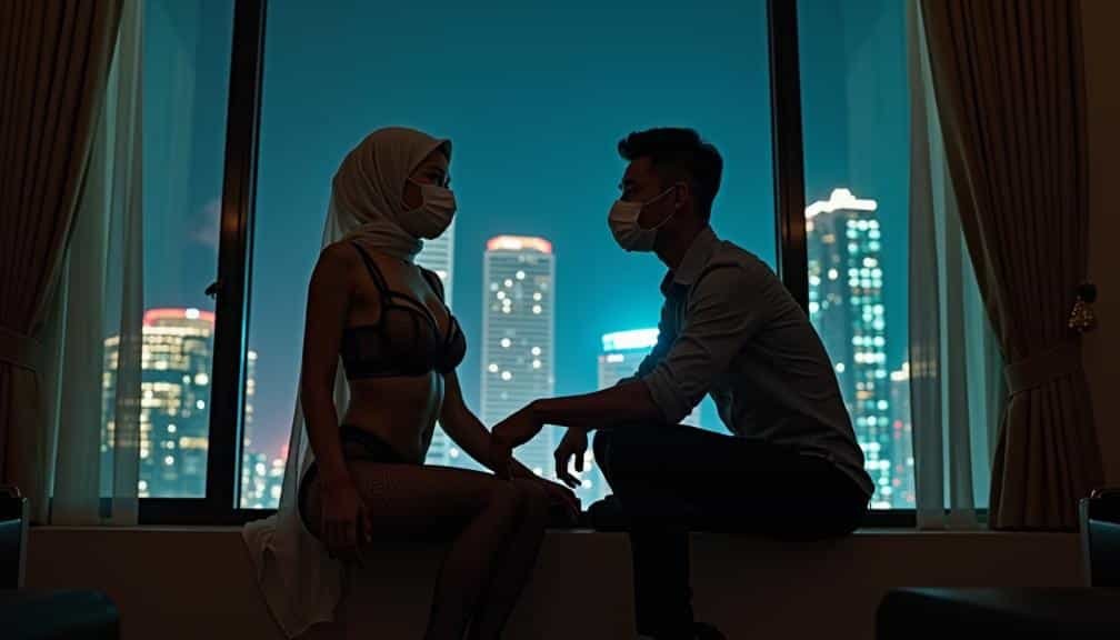 KL Escort Couple in masks and lingerie by hotel window with city view at night Malaysia Escort