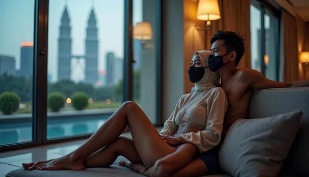 KL Escort Couple in masks relaxing in hotel room with city view Malaysia Escort