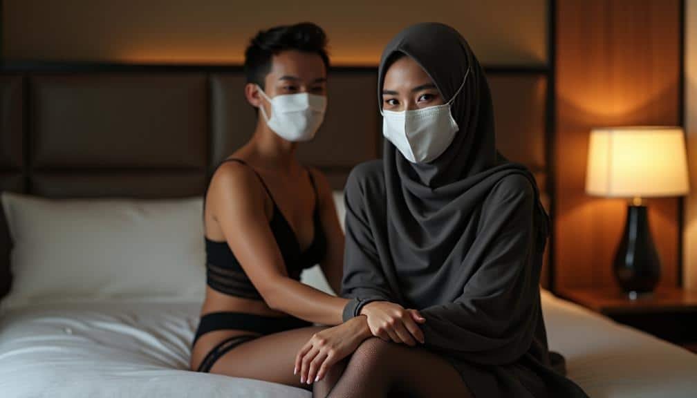 KL Escort Couple in hotel room wearing face masks Malaysia Escort