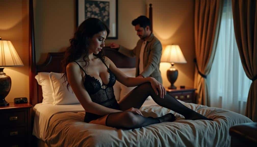 KL Escort Couple in hotel room, woman in lingerie on bed Malaysia Escort
