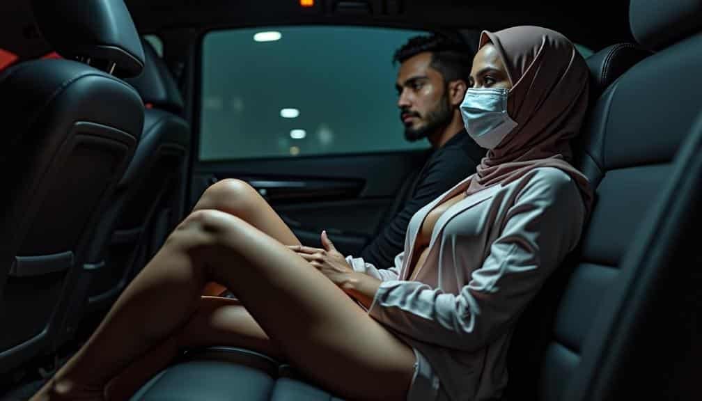 KL Escort Couple in car, woman wearing hijab and mask, man looking away. Malaysia Escort