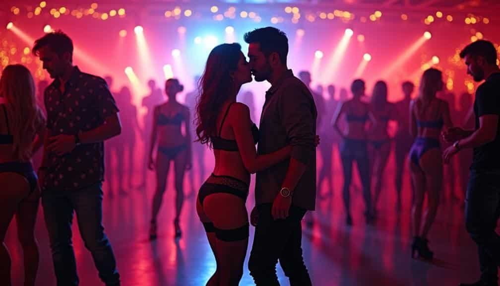 KL Escort Couple kissing at a club with red and blue lights Malaysia Escort