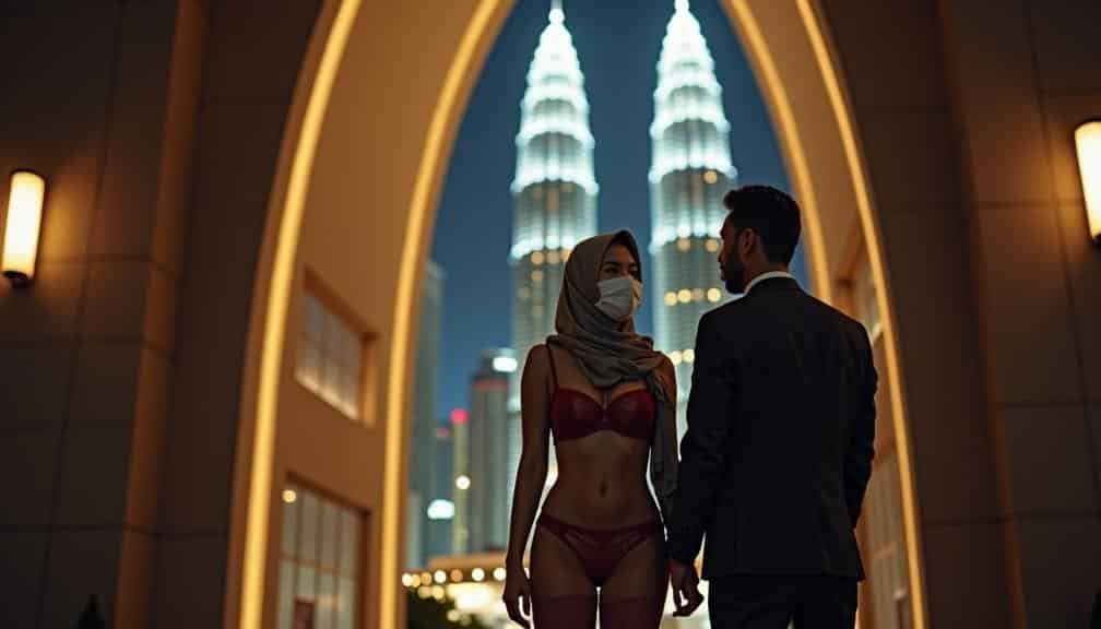 KL Escort Couple in lingerie and suit with Petronas Towers background Malaysia Escort