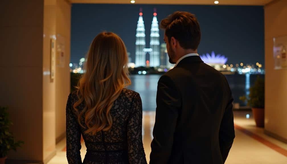 KL Escort Couple in formal wear looking at Petronas Towers at night Malaysia Escort