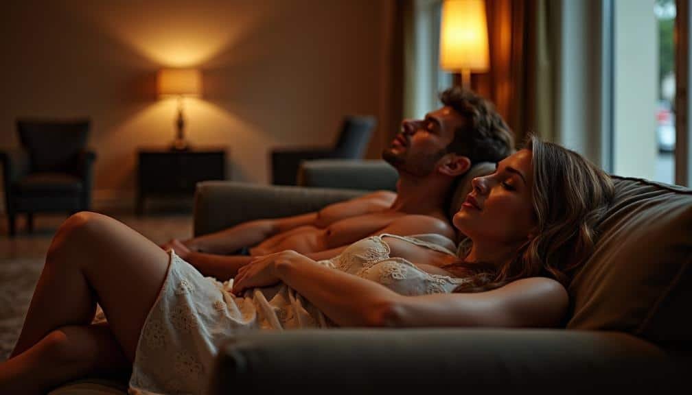 KL Escort Couple relaxing on a couch in a dimly lit room with warm lighting. Malaysia Escort