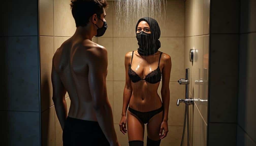 KL Escort Couple in a shower wearing masks and lingerie. Malaysia Escort