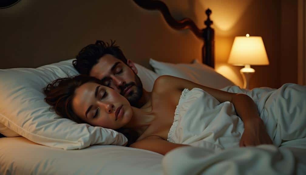 KL Escort Couple sleeping peacefully in a bed at night, with a bedside lamp casting a warm glow. Malaysia Escort