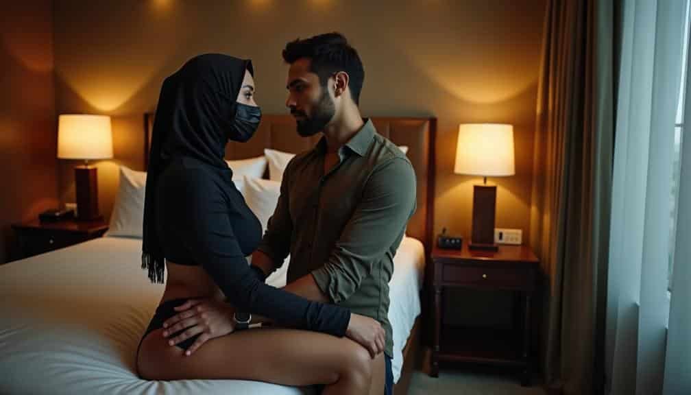KL Escort Couple in hotel room, woman in hijab and mask Malaysia Escort